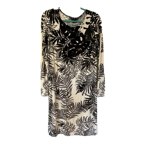 Tommy Bahama Black White Maxi Dress Palm Leaves Long Sleeve Modal Boat Neck Sz S - Picture 1 of 9